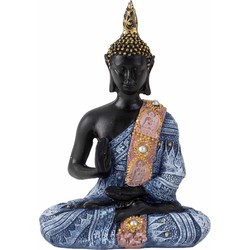 Boeddha beeldje zittend - binnen/buiten - kunststeen - zwart/blauw - 19 x 13 cm - Beeldjes