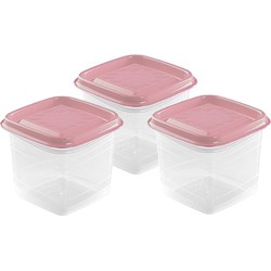 Hega Hogar Vershoudbakjes - set 3x stuks - 0.3 liter - transparant/roze - L8 x B8 x H11 cm - Vershoudbakjes