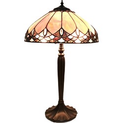 LumiLamp Tiffany Tafellamp  Ø 39x63 cm Beige Bruin Glas Kunststof Rond Tiffany Bureaulamp