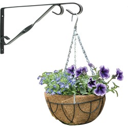 Hanging basket 25 cm met klassieke muurhaak zwart en kokos inlegvel - metaal - complete hangmand set - Plantenbakken