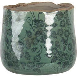 Clayre & Eef Bloempot  Ø 13x11 cm Groen Keramiek Rond Bladeren Bloempot binnen