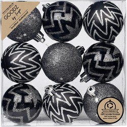 9x stuks gedecoreerde kunststof kerstballen zwart 6 cm - Kerstbal