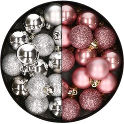 28x stuks kleine kunststof kerstballen velvet roze en zilver 3 cm - Kerstbal