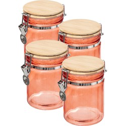 4x stuks voorraadbussen/voorraadpotten 0,75L glas koraal oranje met bamboe deksel en beugelsluiting - Voorraadpot
