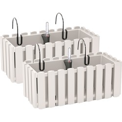 2x stuks fence-look ophang plantenbakken/bloembakken kunststof 38 x 18 x 16 cm parel wit - Plantenpotten