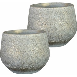 2x stuks plantenpot/bloempot keramiek metallic zilvergrijs/gold finish - D16/H13 cm - Plantenpotten