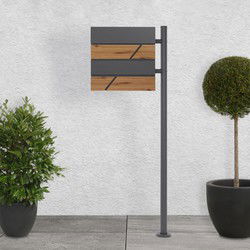 Staande brievenbus met krantenvak 37x36,5x11 cm antraciet/houtlook van staal ML design, modern horizontaal ontwerp, stahoogte 120 cm antraciet