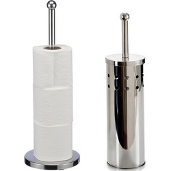 WC-/toiletborstel in houder 40 cm met wc-rollen houder - rvs zilver - Badkameraccessoireset