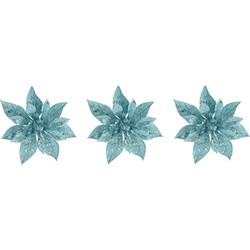 3x stuks decoratie bloemen kerstster ijsblauw glitter op clip 15 cm - Kunstbloemen