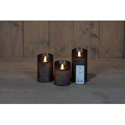 3ST KAARS ANTRACIET WAX RUSTIEK BEWEGENDE VLAM 7,5X10/12,5/15CM AFSTANDSBEDIENING 3X3AAA