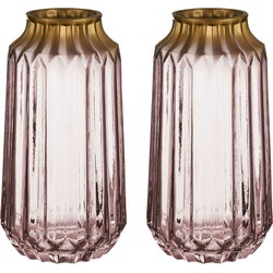 Bloemenvazen 2x stuks - luxe deco glas - roze transparant/goud - 13 x 23 cm - Vazen