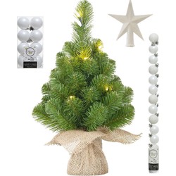 Kunst kerstboom - H60 cm - met verlichting en versiering - wit - Kunstkerstboom