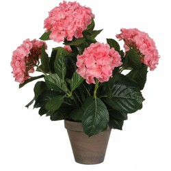 Roze hortensia kunstplant 45 cm met grijze pot - Kunstplanten