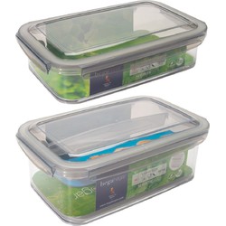 2x Voorraad/vershoudbakjes 1,2 en 1,9 liter met tray transparant/grijs plastic 24 x 15 cm - Vershoudbakjes