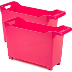 Set van 4x stuks kunststof trolleys fuchsia roze op wieltjes L45 x B17 x H29 cm - Opberg trolley
