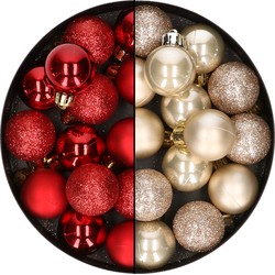 28x stuks kleine kunststof kerstballen rood en champagne 3 cm - Kerstbal