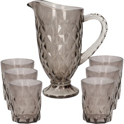 Excellent Houseware Karaf/schenkkan set 1 liter met 6 drinkglazen 250 ml grijs glas - Drinkglazen