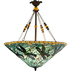 LumiLamp Hanglamp Tiffany  Ø 71x75 cm  Groen Blauw Metaal Glas Libelle Hanglamp Eettafel