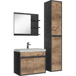 Badplaats Badkamermeubel Set India 60 x 35 cm - Donker Grijs met Kastanje Eiken - Badmeubel met spiegel en zijkast