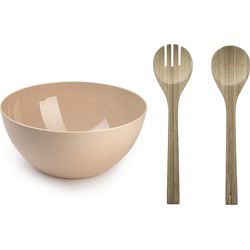 Salade serveer schaal - beige - kunststof - Dia 28 cm - incl. bamboe Sla couvert/bestek - Serveerschalen