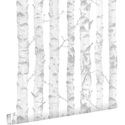 ESTAhome behang berken boomstammen zilver en wit - 53 cm x 10,05 m - 138944