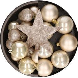 Kunststof kerstballen - 57x stuks - met ster piek - champagne - Kerstbal