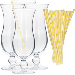 Cocktail set van 4x cocktail glazen en 100x rietjes - 440 ml - geel - Drinkglazen