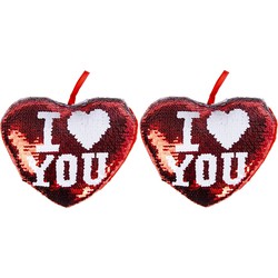 2x stuks sierkussen hartje I Love You rood metallic met draaibare pailletten 20 cm - Sierkussens