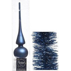 Kerstversiering glazen piek mat 26 cm en folieslingers pakket donkerblauw van 3x stuks - kerstboompieken