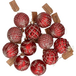 Decoris Kerstballen set - 12x - rood - glas - met sjieke gouden decoratie - kerstversiering - 6 cm - Kerstbal