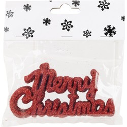 6x stuks Merry Christmas kersthangers rood van kunststof 10 cm kerstornamenten - Kersthangers