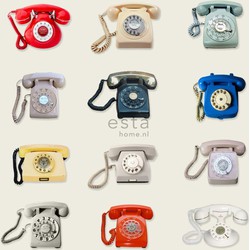 ESTAhome behang XXL retro telefoons beige. grijs. rood en blauw
