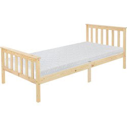 Bedframe eenpersoonsbed 90x200cm gemaakt van dennenhout in naturel met lattenbodem & matras H-16cm ML design