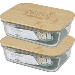 Bambou & Co Voedsel bewaarbakje/vershoudbakje - 2x - bamboe deksel - 1500 ml - ovenbestendig glas - Vershoudbakjes