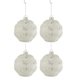 J-line - Doos Van 4 Kerstballen Lijnen Glitter+parels Wit/zilver Glas Mat Wit Medium - 10x10x10cm