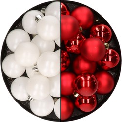 32x stuks kunststof kerstballen mix van wit en rood 4 cm - Kerstbal
