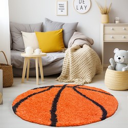 Tapijtenloods Fun Basketbal Kinderkamer Rond Vloerkleed Hoogpolig Oranje- 120 CM ROND