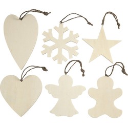 6x Kerstboomhangers houten kerstornamenten 9-11 cm - Kersthangers