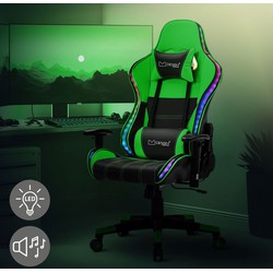 Gamingstoel met RGB-verlichting & Bluetooth-luidsprekers in zwart/groen kunstleer ML-ontwerp
