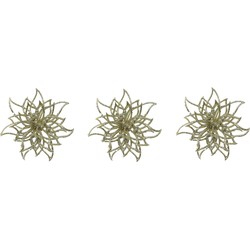 6x stuks decoratie bloemen kerstster champagne glitter op clip 14 cm - Kunstbloemen