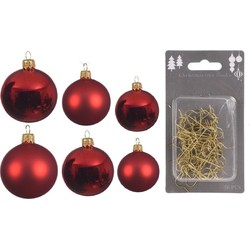Groot pakket glazen kerstballen 50x kerstrood glans/mat 4-6-8 cm incl haakjes - Kerstbal