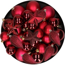 Kerstversiering kunststof kerstballen donkerrood 6-8-10 cm pakket van 62x stuks - Kerstbal