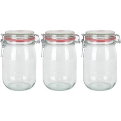 3x Glazen confituren pot/weckpot 1000 ml/1 liter met beugelsluiting en rubberen ring - Weckpotten