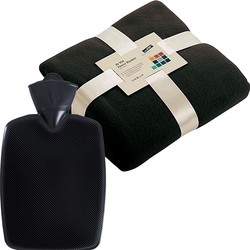 Winter voordeel combi - Fleece deken zwart met warmwaterkruik goud 2 liter - Plaids