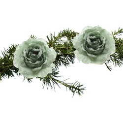 Kerst bloemen 2x stuks kunststof salie groen - op clip - 14 cm - Kersthangers