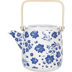 Clayre & Eef Theepot  800 ml Blauw Wit Porselein Rond Bloemen Theekan