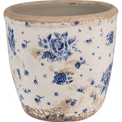 Clayre & Eef Bloempot  Ø 13x12 cm Beige Blauw Keramiek Roosjes Bloempot Binnen