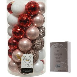 Kerstversiering mix pakket kunststof kerstballen 6 cm lichtroze/rood/wit 37x stuks met haakjes - Kerstbal