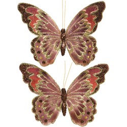 2x stuks decoratie vlinders op clip glitter bruin 18 cm - Kersthangers