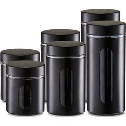 Voorraadpotten/blikken met venster - 6x - zwart - 600 tot 1200 ml - metaal - Voorraadblikken